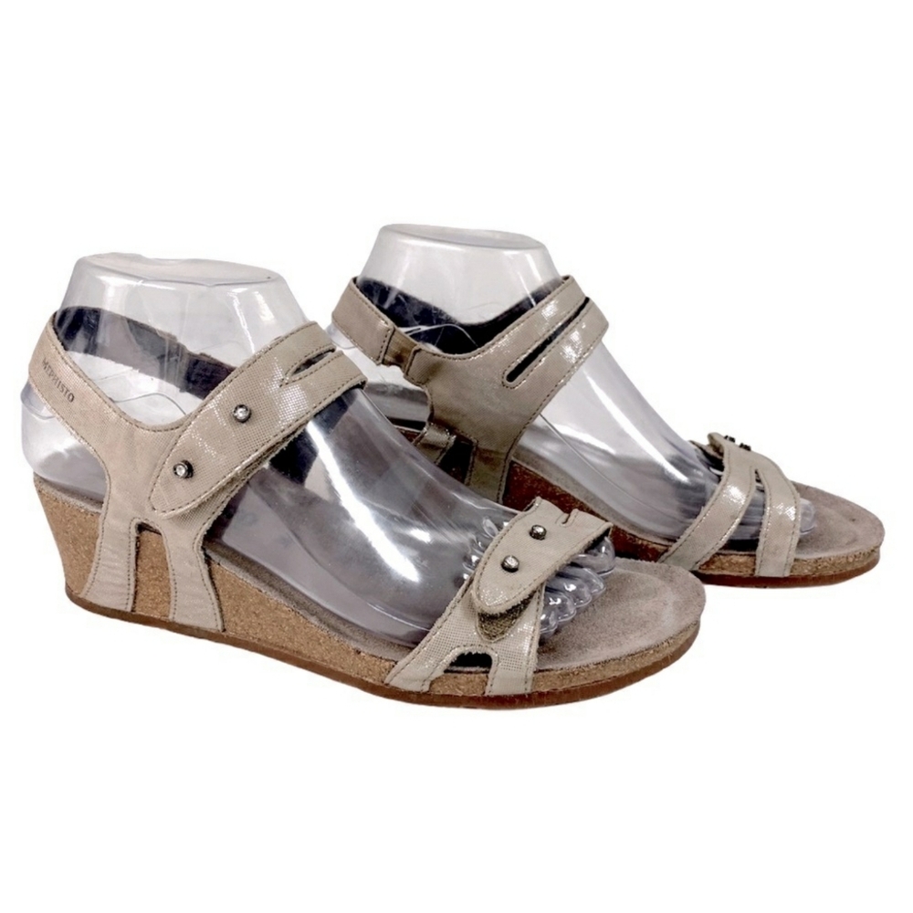 MEPHISTO Minoa Gray Tan shimmer Rhinestone Cork Wedges 38